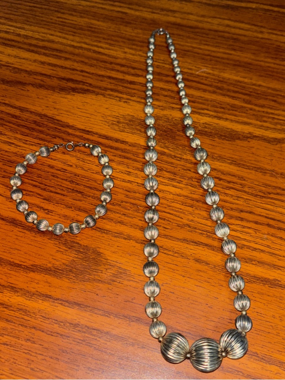 Silver-Tone Ribbed Bead Necklace and Bracelet Set - Women Jewelry
